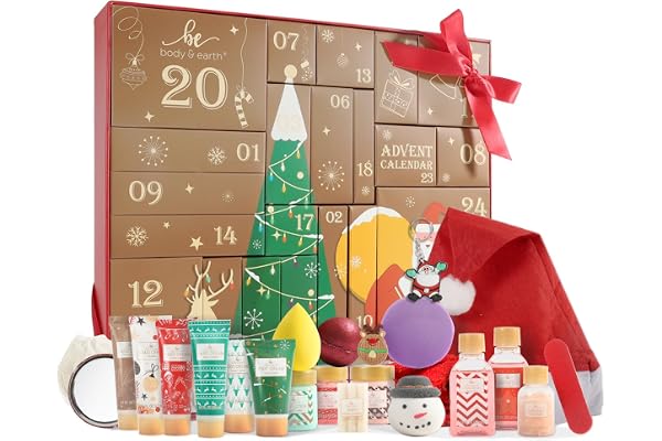 Calendrier de l'Avent，Coffret cadeau de Noël, Body & Earth 24 PCS Coffret de Bain, Comprend Bonnet de Noël, Lotion pour le Corps, Gel Douche, Bombe de Bain, weihnachtsgeschenke für frauen