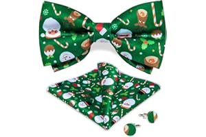 DiBanGu Mens Christmas Bow Tie Silk Festival Pattern Pre-tied Bowtie and Pocket Square Cufflinks Set for Xmas Party Holiday Vacation with Gift Box