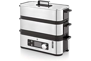 WMF KITCHENminis Cuiseur Vapeur Electrique Ultracompact Design Elegant Inox Cromargan Haute Qualité 2,15L Sans BPA 2 Compartiments Cuisson Programmes Cuisson Légumes Riz Poisson 900W 0415090011