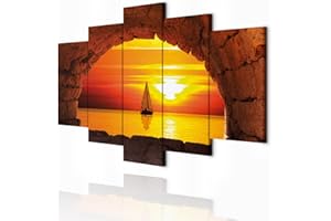 decomonkey Cuadro Lienzo Paisaje 200x100 cm 5 piezas Impresión Decoración Cuadro De Pared Material Tejido no Tejido Gráfica Foto Salon Mar Barco Puesta de Sol