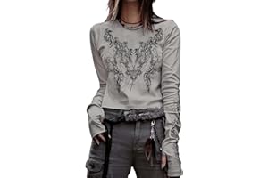 YILEEGOO Women Y2K Long Sleeve Tops T Shirt Gothic Cross Wings Print Patchwork V Neck Basic Tops Shirt Vintage Fairy Grunge Streewear