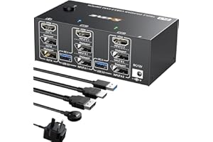 YOUTINGHDAV USB 3.0 KVM Switch 3 Monitors 2 Computers, Triple Monitor KVM Switch HDMI+DP+DP 8K@60Hz 4K@144Hz for 2 Computers Share Mouse Keyboard, with Wired Remote