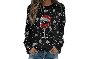 KILOXYEFRO Weihnachtspullover Damen Lustig Rotwein Glas Druck Sweatshirt Oversized Rundhals Langarm Ugly Weihnachten Pullover Christmas Oberteile Frauen Xmas Pulli Tops