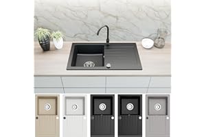 FAIZEE MÖBEL Faizee Home | Spülbecken Granit Schwarz 75x44 cm | Hochwertige Küchenspüle & Einbauspüle | Eckiges Spülbecken | Beidseitig montierbare Granitspüle | Einbaugranitspüle ab 45 cm | Inkl. Siphon-Set