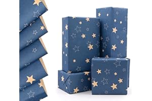 5pcs 50cm*70cm Blue Birthday Wrapping Paper with Star, QRTDXP Recyclable Gift Wrap Paper Sheets Design for Father's Day Xmas Day Wedding