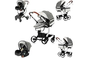 Magic ZC PU-Leder Kinderwagen 3 in 1, Kinderwagen Set Umkehrbarem Doppelschiebemodus, Kombikinderwagen 3 in 1 Großer Bequemer Babywanne, Buggy Rahmen Aluminiumlegierung Faltbar (518 Grey)