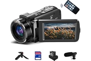 PITIKI 4K Videokamera Camcorder, 10X Optischer 120X Intelligenter Zoom Vlogging Kamera, 30 MP Autofokus Webcam Camera mit Stativ, 3,0-Zoll-IPS-Touchscreen, Mikrofon, 32 GB SD Karte, 2 Batterien für YouTube