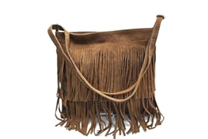 Faylinn Bolso Bandolera en Piel con Flecos - Bolso Mujer Piel Estilo Hippie