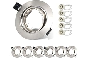 Allesgute 6X LED Recessed GU10 Spot Light Fittings 30° Tilt Downlights for Ceiling Round Brushed Chrome Spotlights Mounting Frame with GU10 Lamp Holder 240V, Outer Diameter 90mm, Cutout 68-80mm