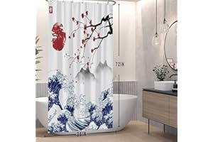 SDOTPMT 90x180cm Tenda giapponese della doccia del Monte Fuji Cherry Blossom Sunset Asian Bath Curtain Tenda della vasca da bagno della pittura del paesaggio dell'onda per la decorazione del bagno