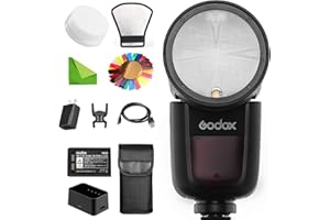 GODOX V1-N Flash per Nikon Flash, 76Ws 2.4G TTL Testa Rotonda, 1/8000 HSS, 480 Scatti a Piena Potenza, 1.5s Tempo di Riciclaggio, Batteria al Litio 2600mAh con Filtri Colorati Riflettore Diffusore