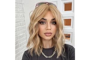 WOKESTAR Bob Lockige Perücke mit Fransen, Kurze Synthetische Gewellte Perücken für Frauen Golden Blonde Farbe