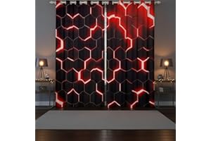Homewish Honeycomb Kids 30%-50% Blackout Curtains for Living Room, Geometric Boys Curtains for Bedroom, Hexagon Window Curtain for Teen Men, Red Black Curtains & Drapes 66" Wx72 L
