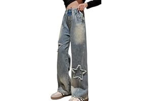 Happy Cherry - Girls Denim Pants Kids Wide-Leg Ripped Baggy Jeans Elastic High Waist Trousers Loose Casual Cargo Pants Y2K Vintage Retro Straight Jeans Street Wear with Pockets Age 5-15 Years
