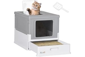 PawHut Arenero para Gatos, Caja de Arena para Gatos Plegable, con Entrada Frontal y Salida Superior, Pala Incluida, 47,5x35,5x36,7 cm, Gris y Blanco