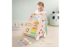Joyz Trotteur Bébé, Chariot de Marche en Bois Rose, Multifonctionnel, Baby Walker Plus 1 an, Jouet Montessori + 7 Activités Ludiques, Aide à la Marche avec Pneus en Caoutchouc, Chariot de Jeu/Marche