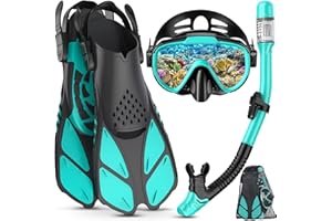 Lealinga Snorkel Set Adult with Flippers, Anti-Fog Diving Set, Dry Snorkel, Adjustable Flippers, Snorkelling Packages for Men and Women