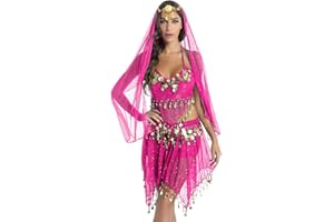 Freebily 4 PCS Vestito da Danza del Ventre per Donna Costume Arabo Principessa Paillettes Belly Dance Abito da Ballo Indiano Cosplay Halloween Costume Carnevale Dancewear