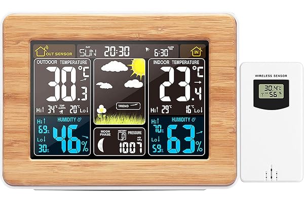 Station météo sans fil numérique colorée avec capteur extérieur, thermomètre intérieur et extérieur avec heure, date, température, humidité, baromètre, alarme, affichage des phases de la lune, horloge