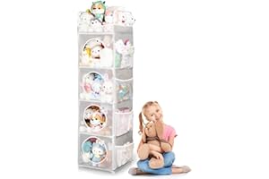 AXHOP Toy Storage, 42x42x162cm Teddy Storage, 5-Tier & 8 Side Pockets Toy Box, Space-Saving Corner Organizer for Kids' Bedroom & Playroom