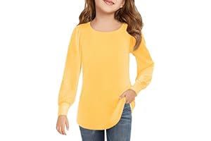 Haloumoning Maglietta a maniche lunghe da ragazza, con scollo rotondo, maniche a sbuffo, per bambini, tinta unita, per il tempo libero, alla moda, 5-14 anni