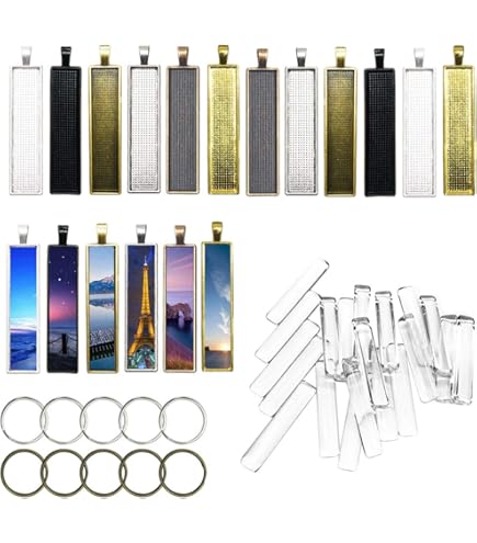 15 Plateaux Pendentifs Rectangulaires + 15 Carreaux Verre + 15 Cordons Réglables - 5 Couleurs - Pour Bijoux DIY, Photos