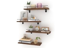 HORLIMER Mensola da Muro in Legno Composito Marrone, Scaffale da Parete con la Barra di Ferro Nero, Decorazione e Salvaspazio per Casa, Ufficio, Set di 4