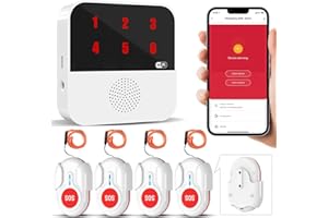 ChunHee Senioren Notruf Tuya WiFi Smart Notrufklingel Alert System für ältere Patienten Behinderte,Kinder 1 SOS Notrufknopf 1 Empfänger (4 Knopf + 1 Empfänger (Wiederaufladbares))
