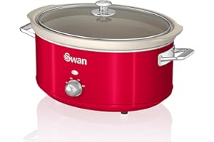 Swan Retro SF17031RNEU - Pentola da cottura lenta, 6,5 l, rimovibile, antiaderente, in ceramica libera PFOA e PTFE a 3 livelli, con coperchio in vetro Slow Cooker, design vintage rosso 320 W