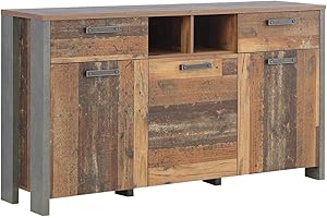 ‎FORTE FORTE Clif Kommode mit 3 Türen und 2 Schubladen, Holzwerkstoff, Old – Wood Vintage/ Betonoptik Dunkelgrau, 156,4 x 86,3 x 41,6 cm