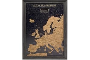 Splosh Reisekarte – Kleine Europakarte als Pinnwand in Schwarz mit Holzrahmen und 100 Pins in 2 Farben zum Markieren vergangener und zukünftiger Abenteuer