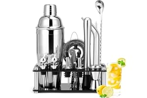 Cinnani 750ml shaker Cocktail Set,15 Pièces Kit Cocktail Shaker en Acier Inoxydable avec Support,Professionnel Bar Barman shaker à Cocktails Kit,Ensemble de Cocktails Shakers pour Bar