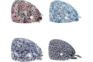SIMYJOY 4 Pièces Casquettes Bouffantes avec Boutons Bandeau Réglable Casquettes de Travail Turban en Coton Bonnet Imprimées Chapeaux Unisexes