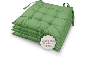 casaviva® Set 4 Cuscini Sedia 9 impunture con lacci Made in Italy lavorati a mano in 100% cotone stampato effetto lino imbottitura deluxe 7 cm (Verde Salvia)