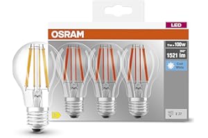 OSRAM LED Classic A100, lámparas LED de filamento transparente de vidrio para E27, forma de bombilla, blanco frío (4000K), 1521 lúmenes, sustituye a las bombillas convencionales de 100W, caja de 3
