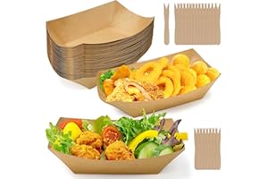 Huucozn 50 Stück Pommes Schalen mit 200 Holzgabeln Fingerfood-Schiffchen Kraftkarton Schalen Currywurst Schale Pommesschalen Einweggeschirr Pappschalen für Fingerfood Currywurst, 16,7 x 12 x 4cm