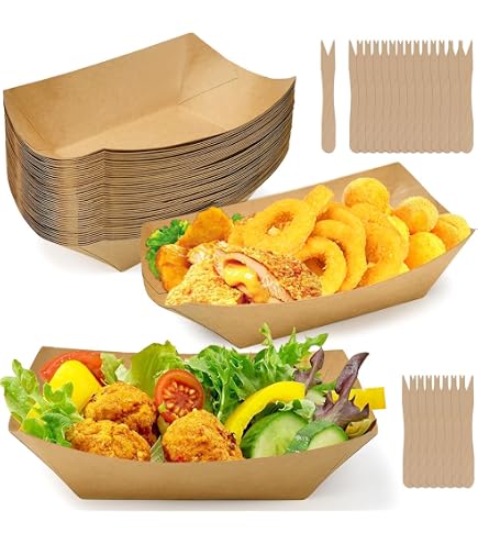 Lot 50 Barquettes Frites Carton Kraft - Plateaux Biodégradables Imperméables, Idéal Chips, Saucisses, Salades, Sandwichs, Fast Food Éco-responsable