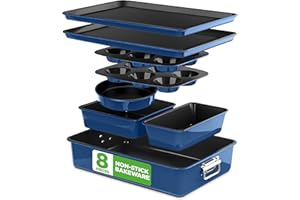 NutriChef Set Padelle Antiaderenti 8 Pezzi, Teglie da Forno Antiaderenti, Stampi Torta Rotonda, Plumcake, Muffin, Teglie Ampie/Quadrate, Piastra Biscotti, Blu