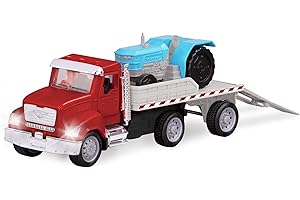 Driven by Battat – Toy Flatbed Truck with Lights and Sounds – Small Red Toy Farm Vehicle – Toy Truck & Tractor for Kids – Movable Parts – 3 Years + – Micro Flatbed Truck