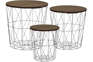 ‎SPETEBO Metall Beistelltisch mit Stauraum schwarz - 3er Set/dunkle Tischplatten - Wohnzimmer Tisch mit Abnehmbarer Holz Platte Metallkorb Sofatisch Couchtisch