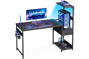 Coleshome Escritorio Gaming con Iluminación LED, 120×48cm Mesa Gaming con Cajones y Estanteria, Mesa Gamer Reversible con Gancho para Cascos, Negro Fibra de Carbono