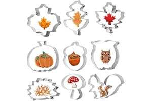 WEDNOK 9pcs Autumn Cookie Cutters Thanksgiving Biscuit Cutter Set Stainless Steel DIY Cookie Cutter with Maple Leaves Hedgehog Pumpkin Squirrel Acorn Mushroom Owl Pattern for Fall Party Baking