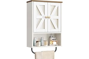CHOEZON Mueble de Baño Colgante de 2 Puertas, Armario de Pared con Compartimento Abierto y Toallero, Botiquín, Estilo Granero, para Dormitorio, Sala de Estar, Cocina, Blanco y Nogal Marrón