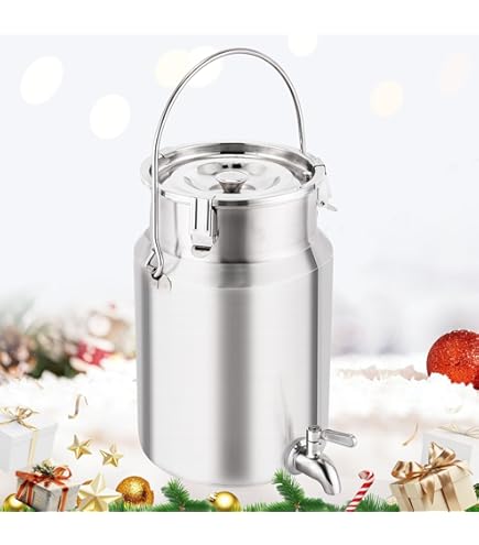 Pot à Lait Inox 5L/14L Avec Robinet - Bidon étanche Pour Lait, Huile, Vin, Eau - Idéal Ferme, Camping, Restaurant - Couvercle à 3 Verrous, Acier Inoxydable 201