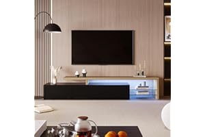 KeepGoon Mueble para TV de 200 x 39 x 42 cm, práctico espacio de almacenamiento, 3 armarios, aspecto brillante, iluminación LED, estantes de cristal integrados, gabinete de TV (negro y color madera)