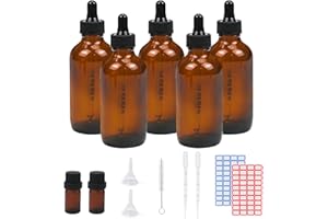 Episkey 5x120ml Flaconi bottiglie contagocce in vetro ambrato, Bottiglia a pipetta con imbuto ed etichetta per oli essenziali e altri liquidi, bottiglia in vetro con contagocce e 10 accessori