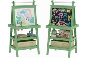 AIYAPLAY Art Easel for Kids with Paper Roll, 3 in 1 Kids Easel Double-Sided Magnetic Whiteboard and Chalkboard with Storage Baskets, for Children 3-6 Years - Green