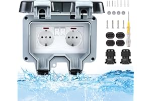 SPORWAY Enchufe exterior impermeable IP66, resistente a la intemperie, para jardín y pared, con contacto de protección y tapa abatible, para ambientes