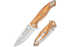 YOUSUNLONG Coltello tascabile pieghevole - Coltello da campeggio con lama in acciaio damasco giapponese - Rivestimento in legno d'ulivo italiano