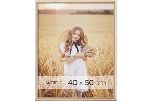WOLTU Bilderrahmen 40x50, Fotorahmen aus Massivholz und PS-Platte, Holzrahmen mit Passepartout, zum vertikalen oder horizontalen Aufhängen/Aufstellen, Posterrahmen Collage Wanddeko, Gold